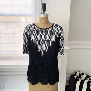 Vintage Beaded and Sequins‎ short Sleeve Blouse Black Size Medium